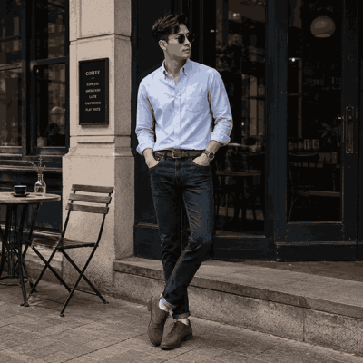 Phối giày da lộn nam với quần jeans và áo sơ mi