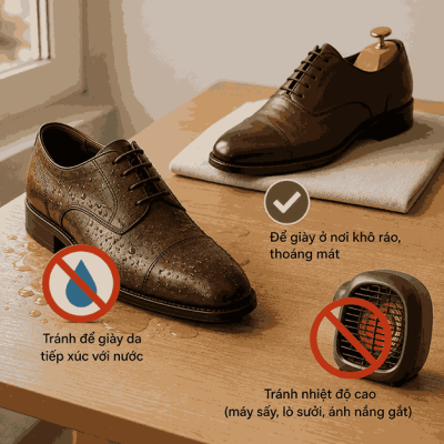Hạn chế để giày da tiếp xúc với nước và nhiệt độ cao